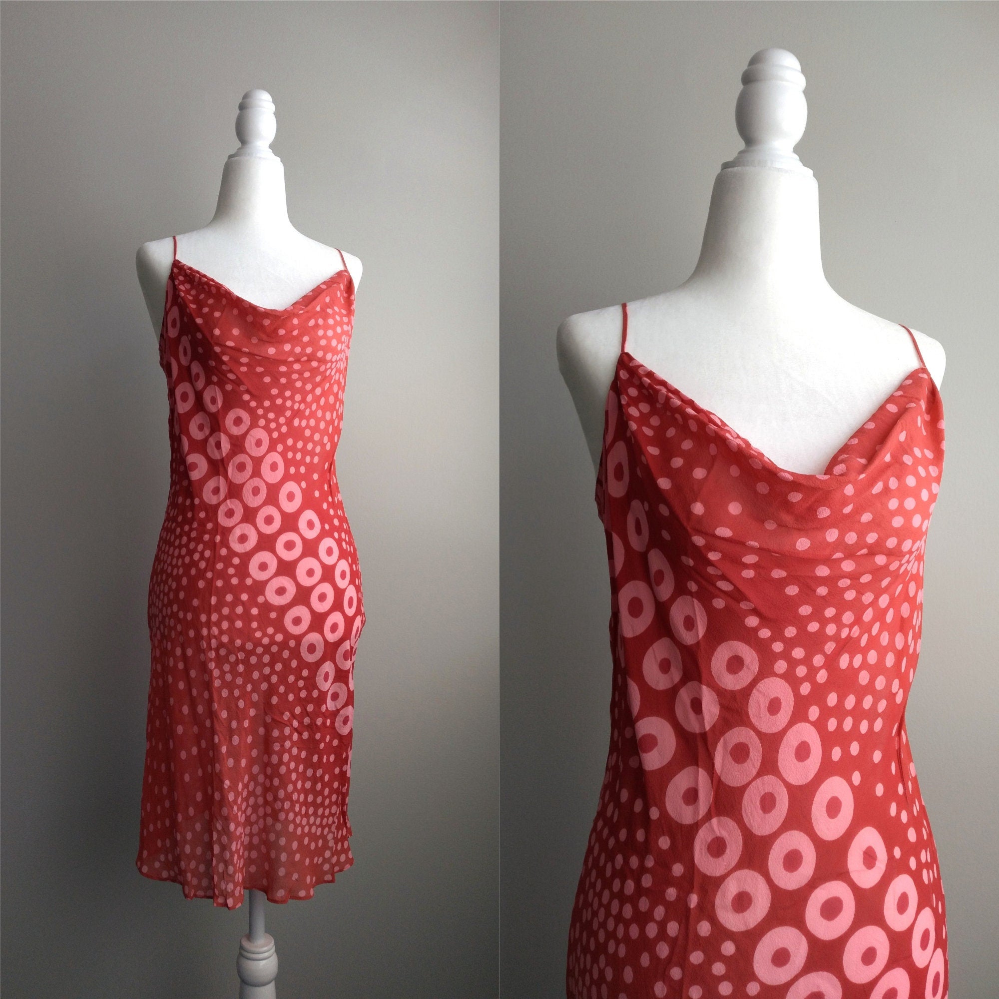 Y2k Vintage Victoria's Secret Coral Polka Dotted Cowl Neck Silk Slip Dress
