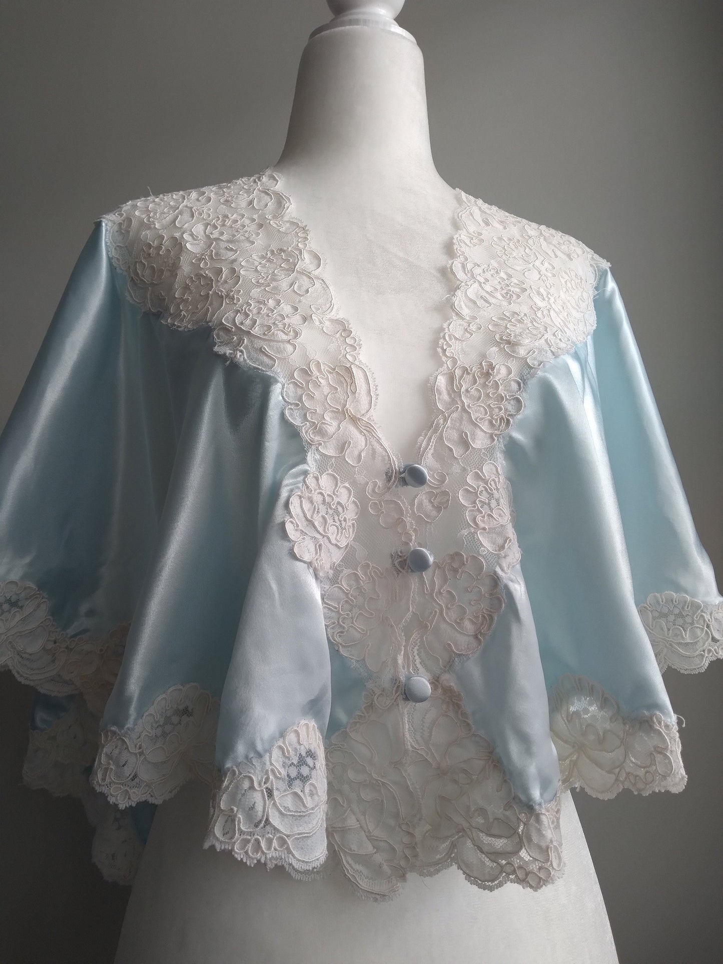 1980s Vintage Victoria's Secret Light Blue Liquid Satin Lace Bed Jacket