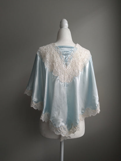 1980s Vintage Victoria's Secret Light Blue Liquid Satin Lace Bed Jacket