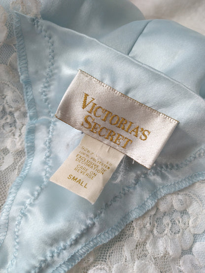 1980s Vintage Victoria's Secret Light Blue Liquid Satin Lace Bed Jacket