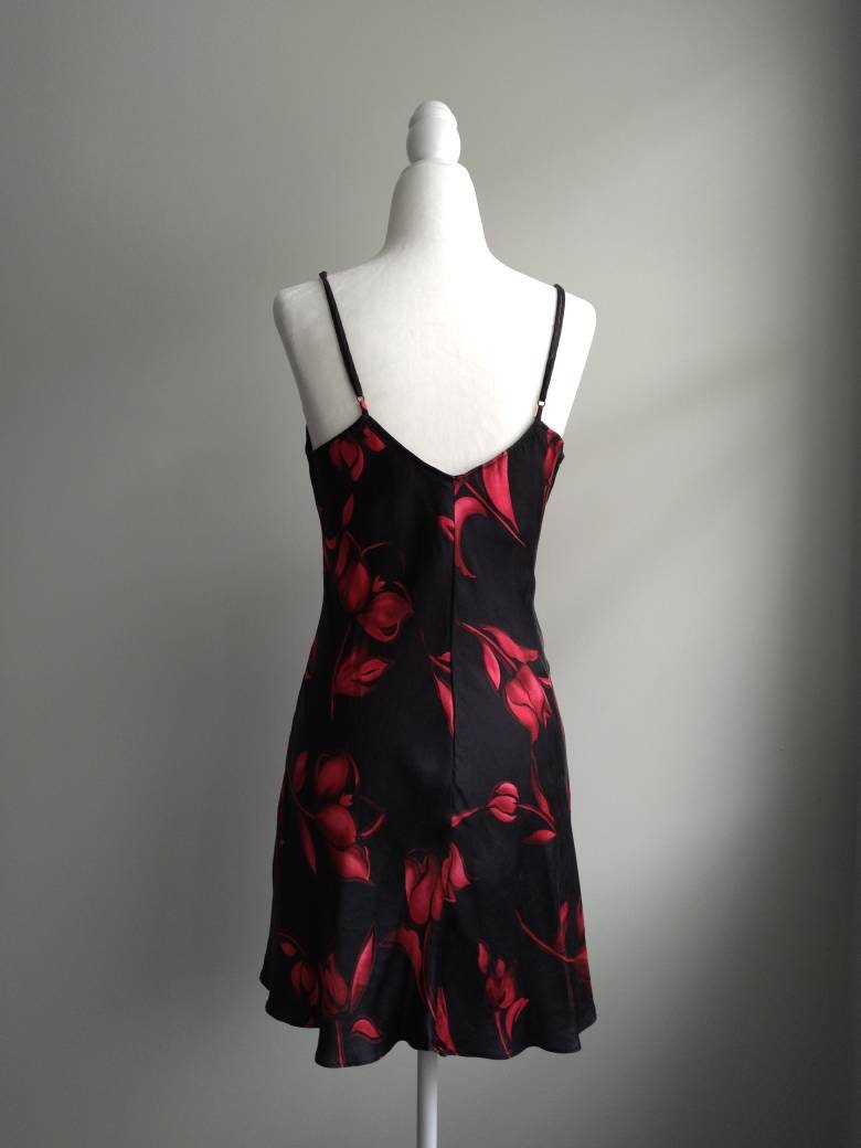1990s Vintage Victoria's Secret Crimson Red Florals Silk Slip Dress