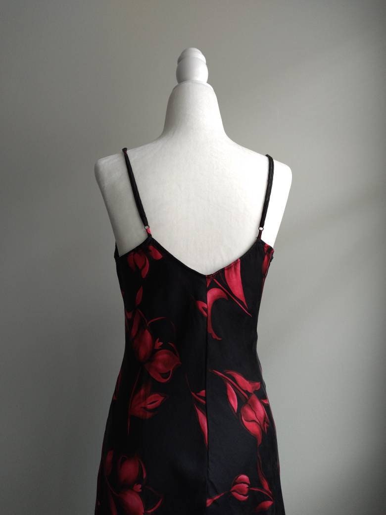 1990s Vintage Victoria's Secret Crimson Red Florals Silk Slip Dress