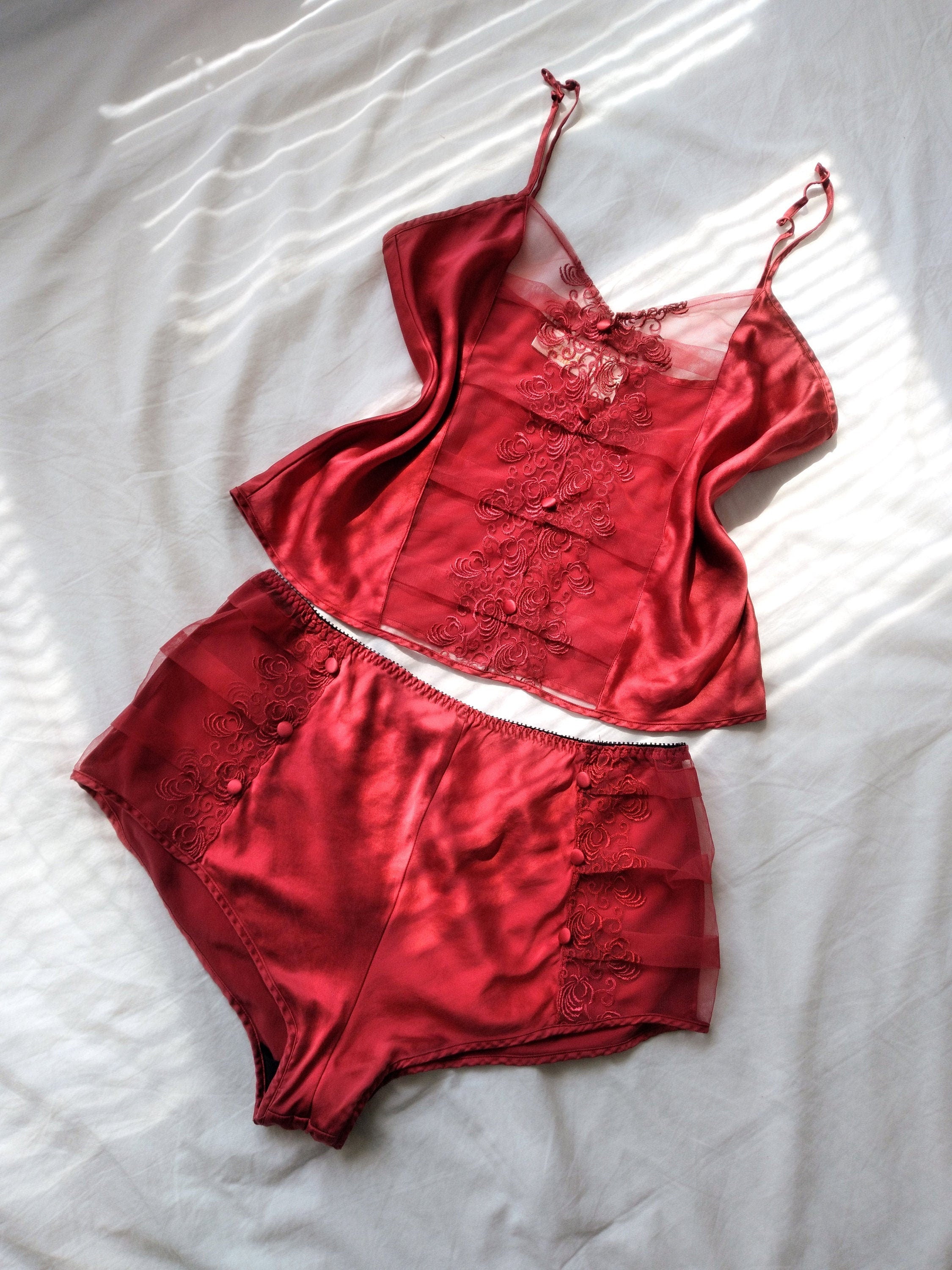 1980s Vintage Victoria's Secret Sunset Red Silk Cami & Tap Shorts Lounge Set