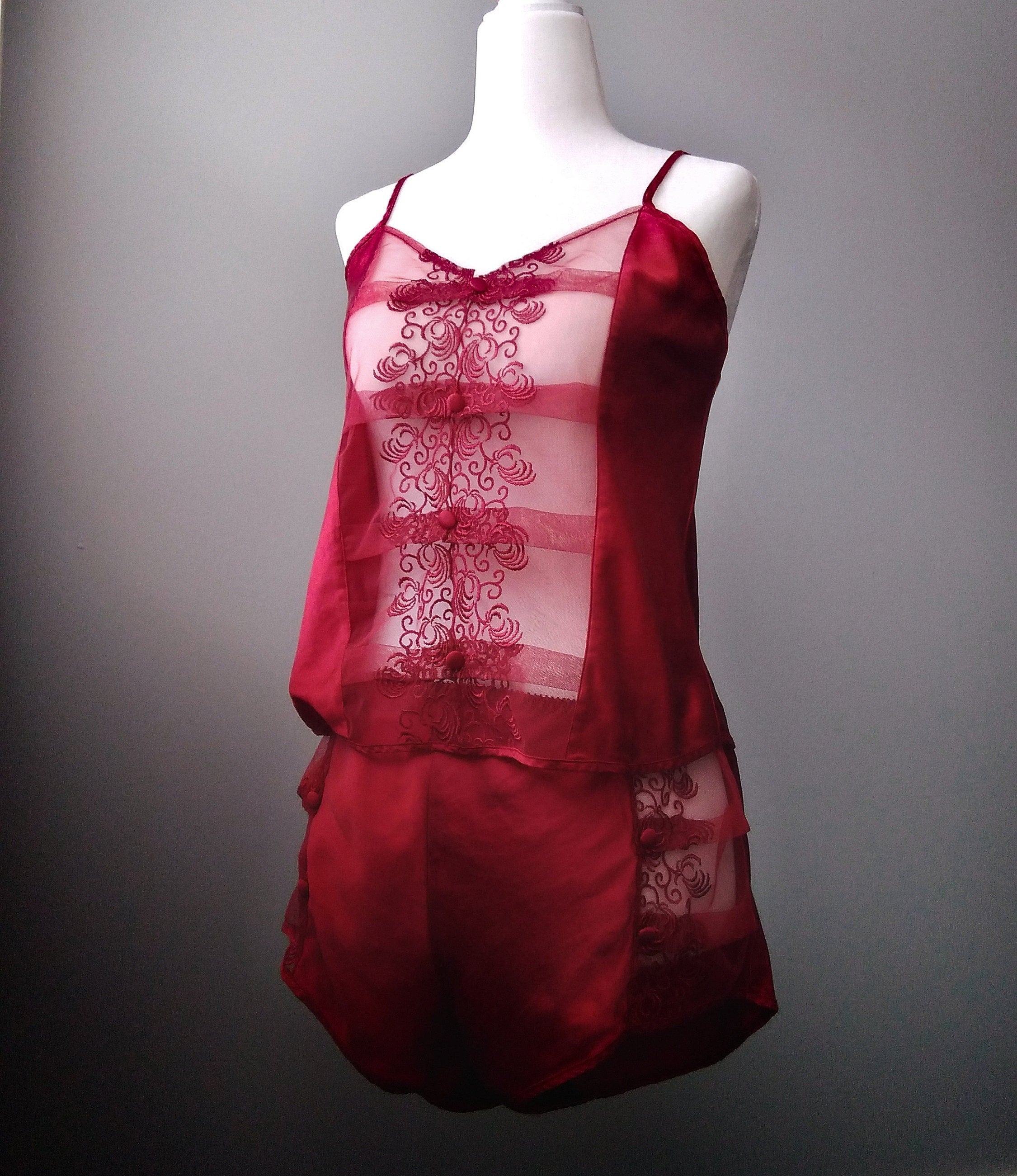 1980s Vintage Victoria's Secret Sunset Red Silk Cami & Tap Shorts Lounge Set