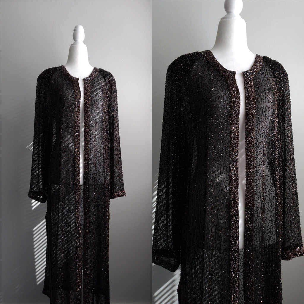1980s Vintage Frank Usher Silk Beaded Dressing Gown