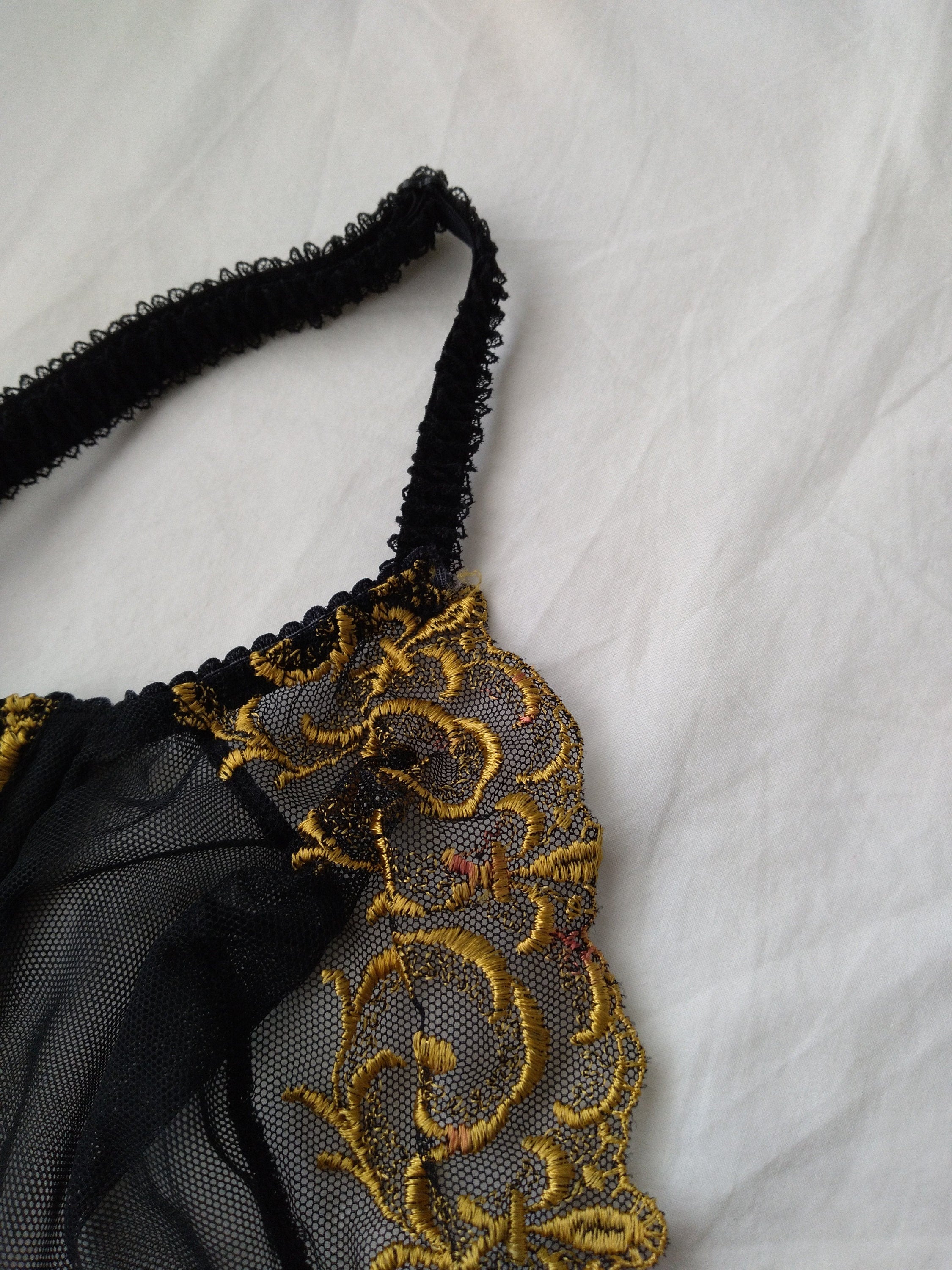1990s Vintage Victoria's Secret Gold Embroidered Black Lace Bra