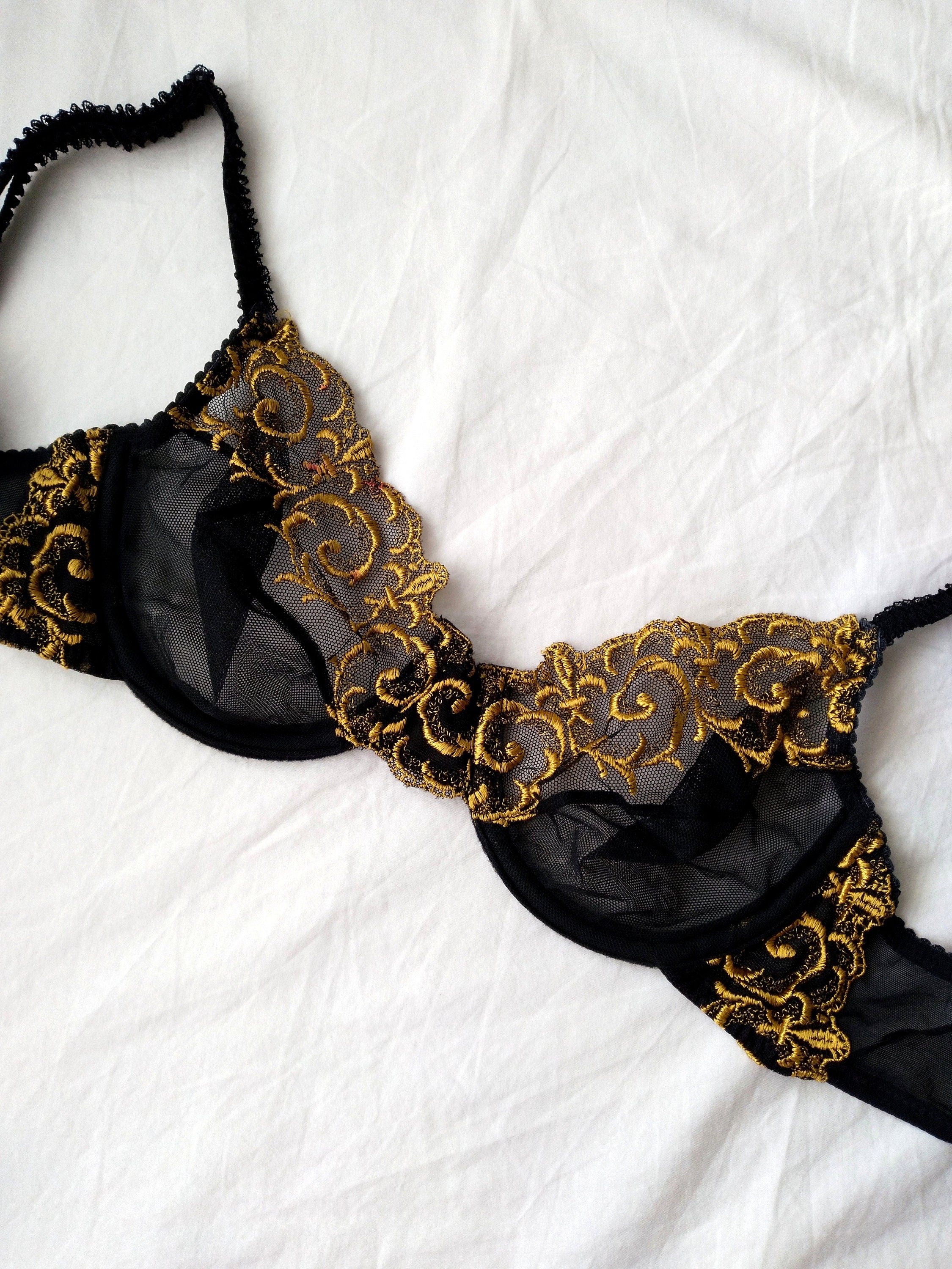 1990s Vintage Victoria's Secret Gold Embroidered Black Lace Bra