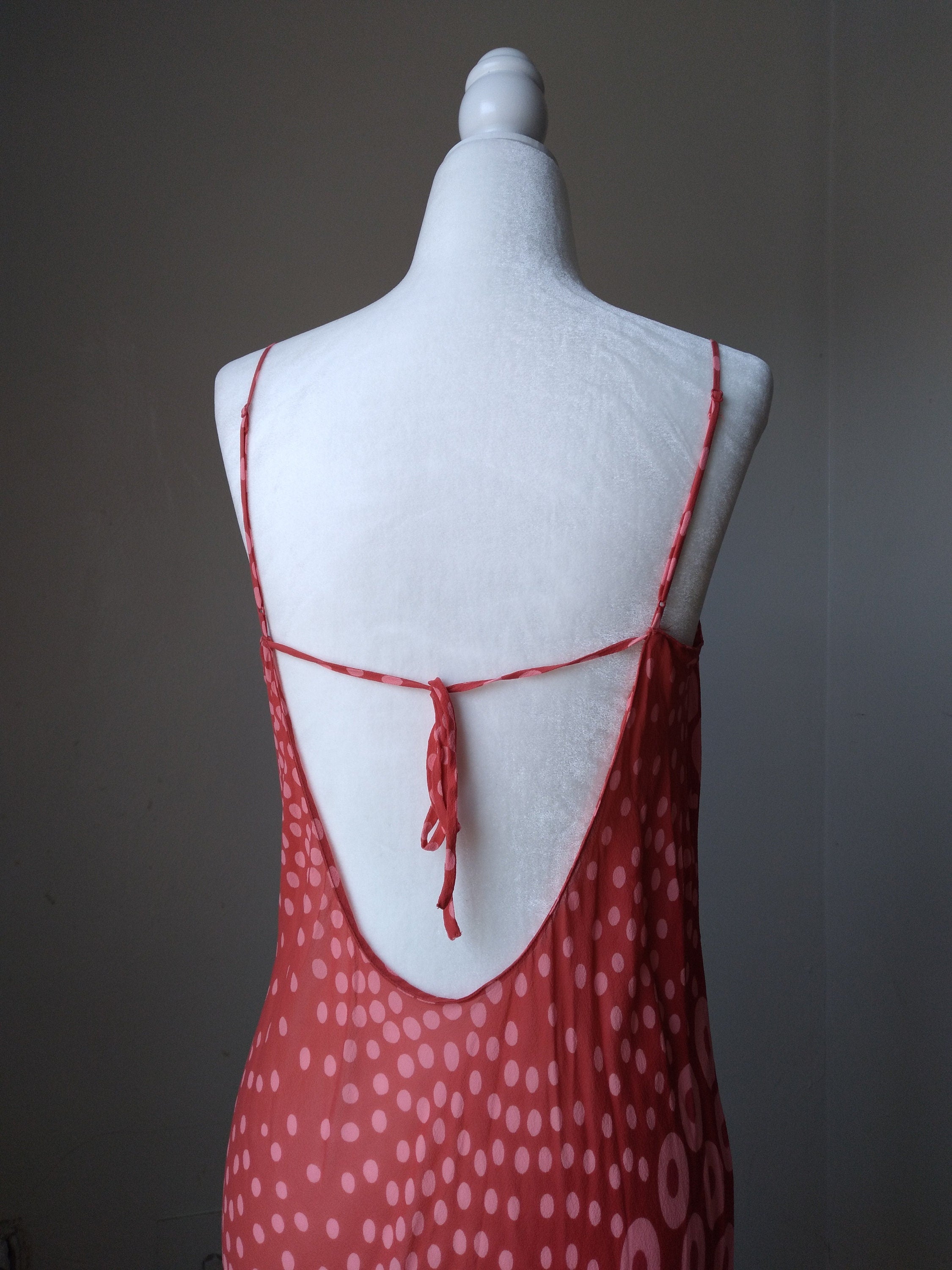 Y2k Vintage Victoria's Secret Coral Polka Dotted Cowl Neck Silk Slip Dress