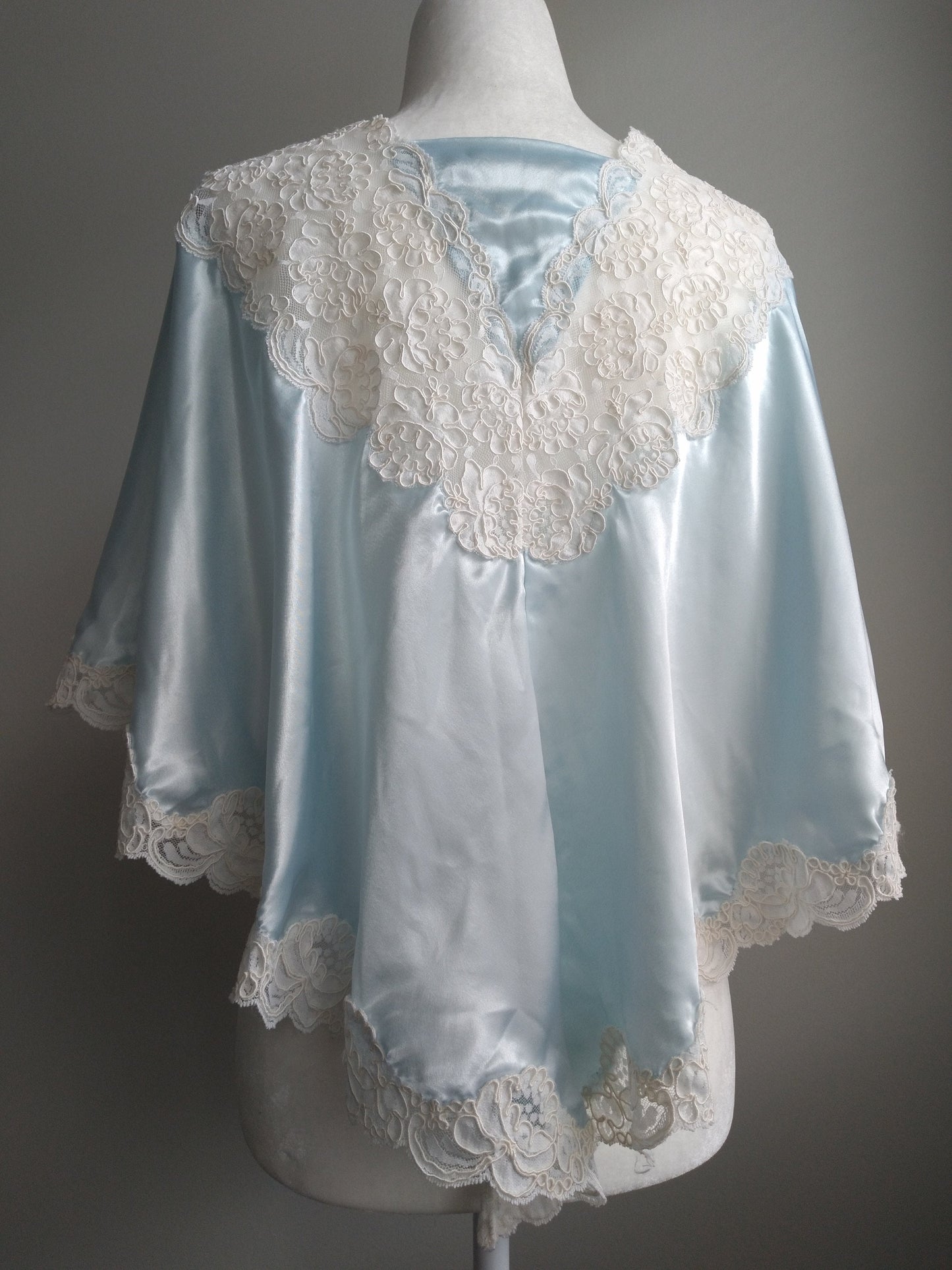 1980s Vintage Victoria's Secret Light Blue Liquid Satin Lace Bed Jacket