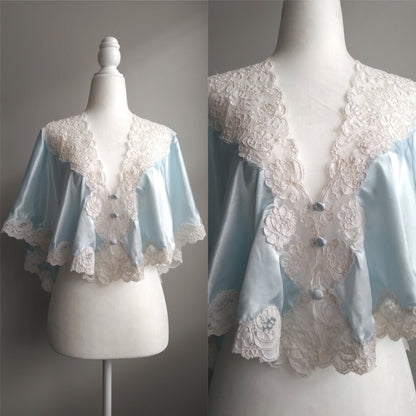 1980s Vintage Victoria's Secret Light Blue Liquid Satin Lace Bed Jacket