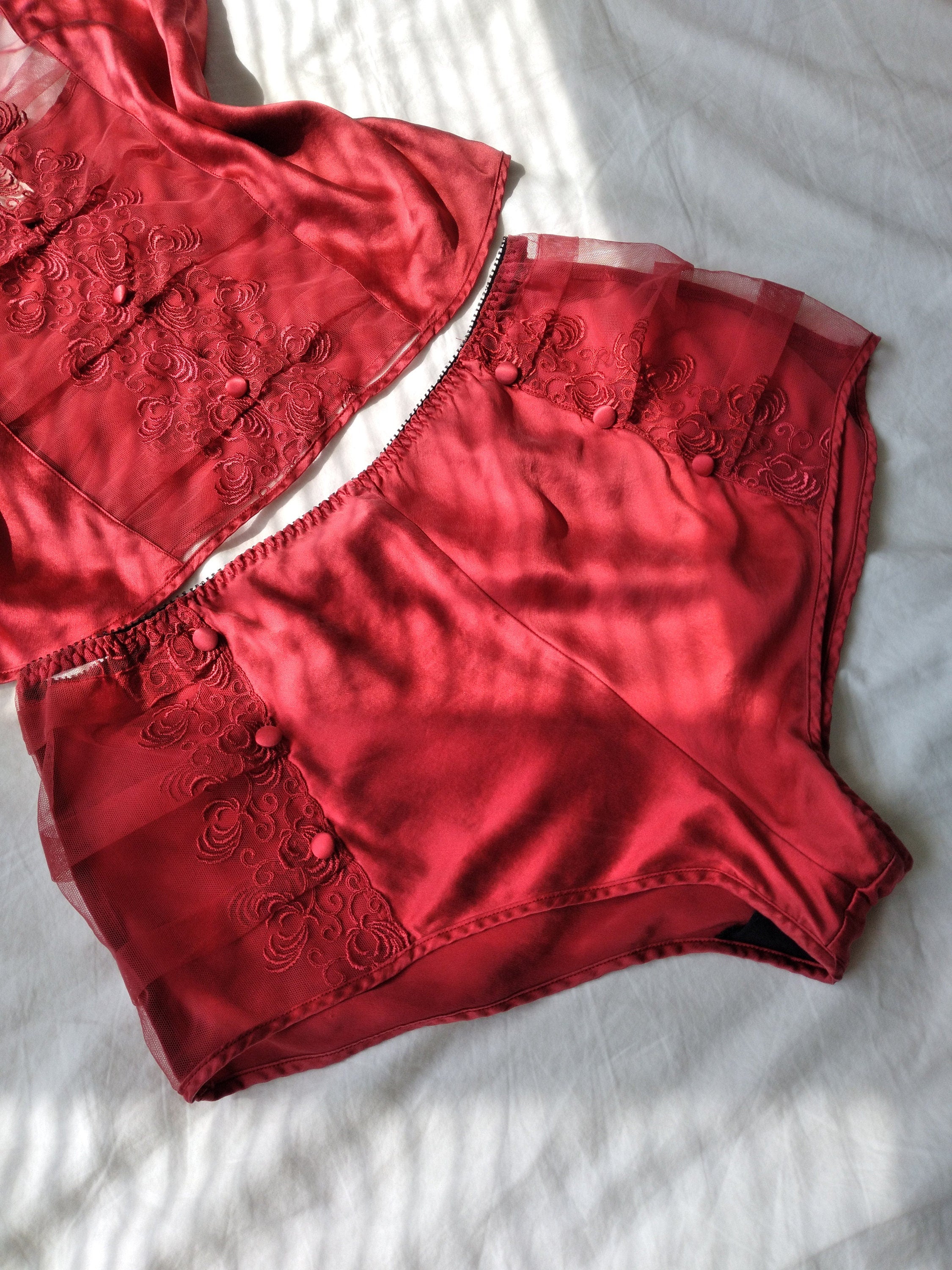 1980s Vintage Victoria's Secret Sunset Red Silk Cami & Tap Shorts Lounge Set