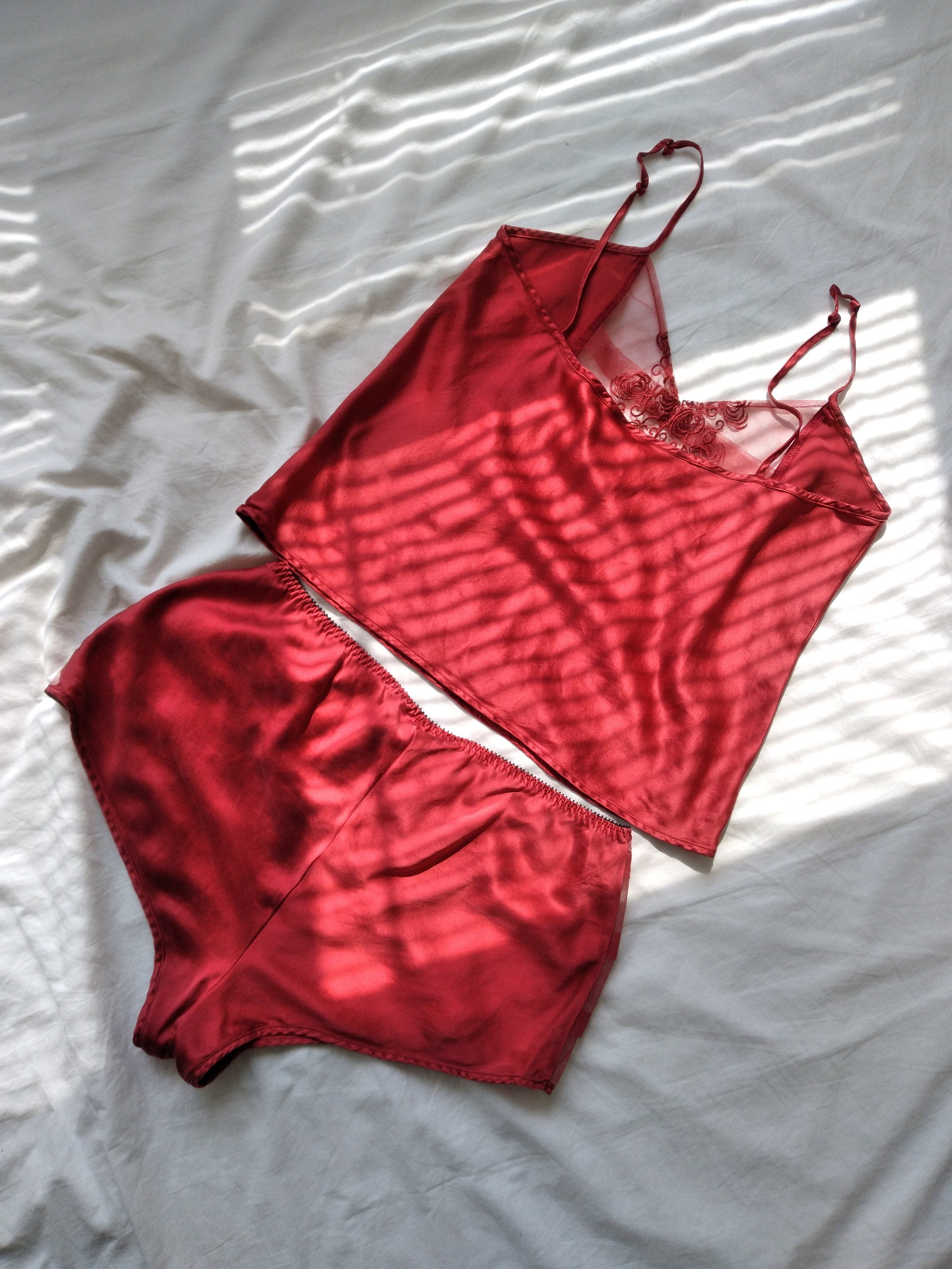 1980s Vintage Victoria's Secret Sunset Red Silk Cami & Tap Shorts Lounge Set
