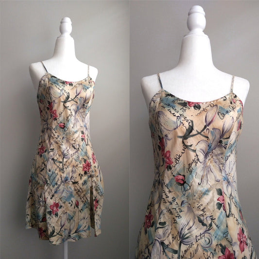 1980s Vintage Victoria's Secret Sand Beige Floral Silk Slip Dress