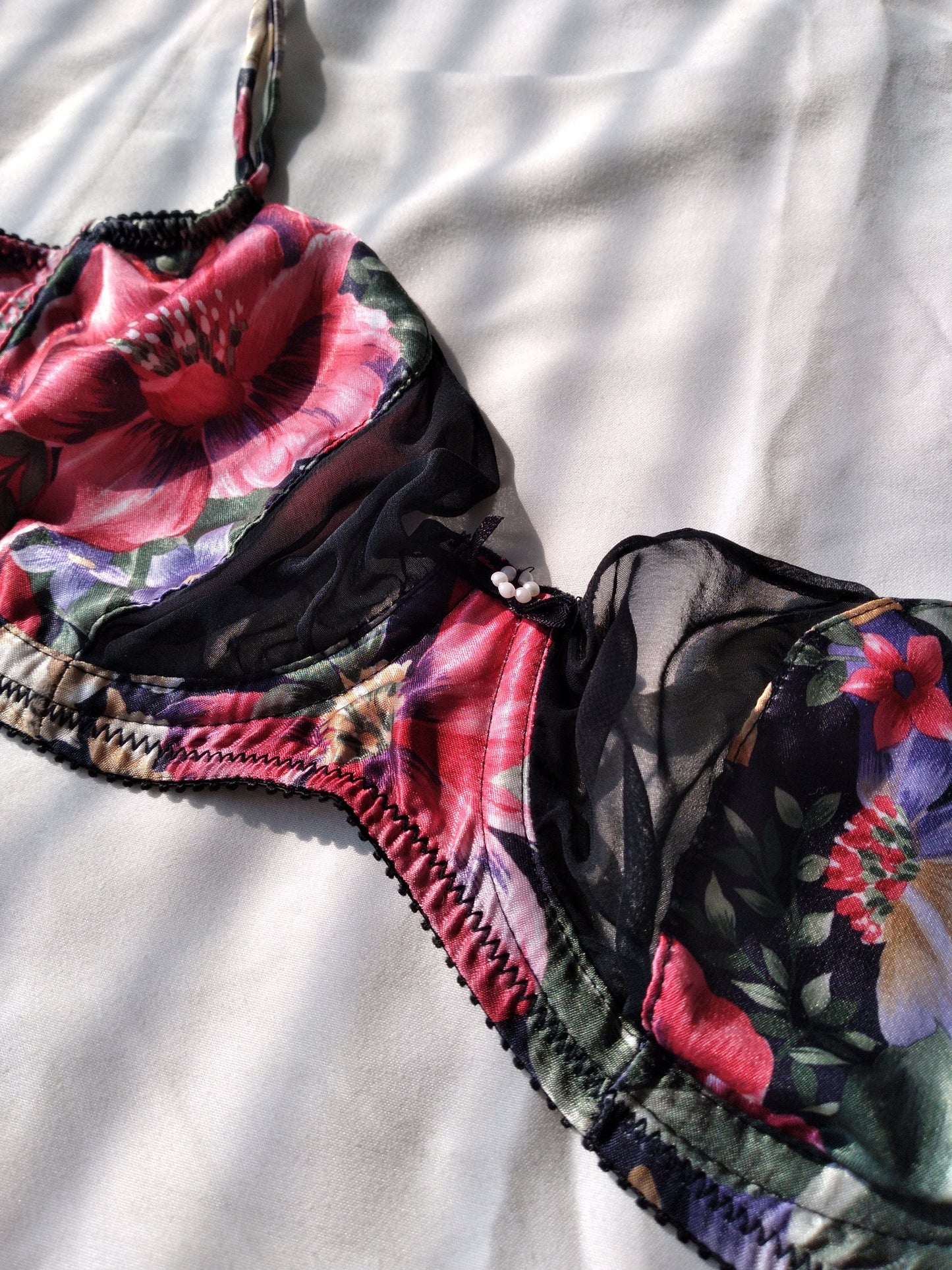 1980s Vintage Victoria's Secret Floral Satin Mesh Bra