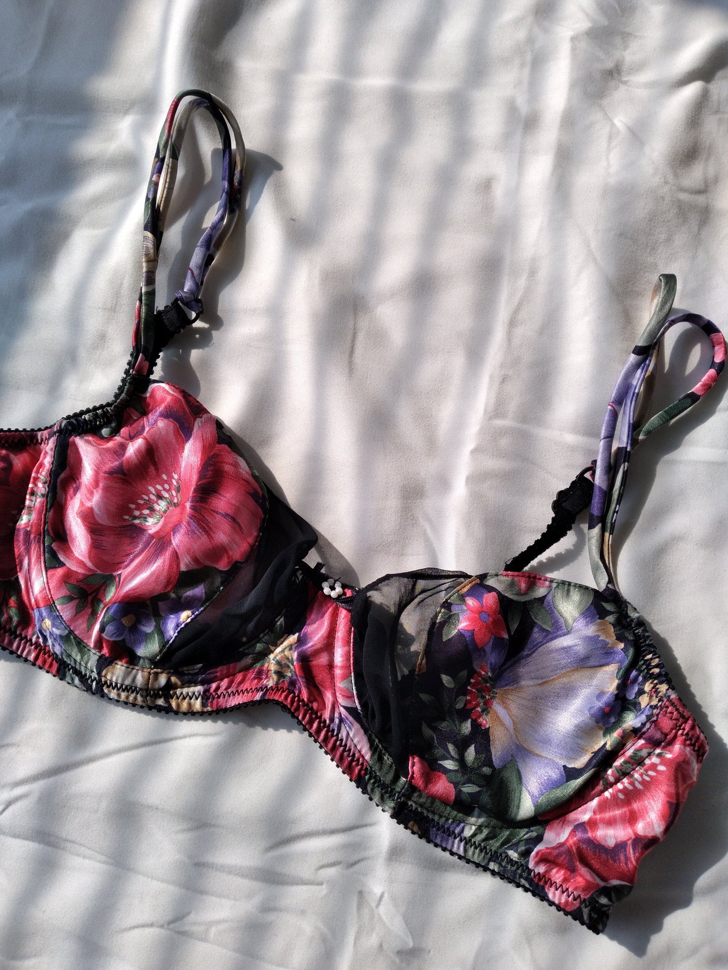 1980s Vintage Victoria's Secret Floral Satin Mesh Bra