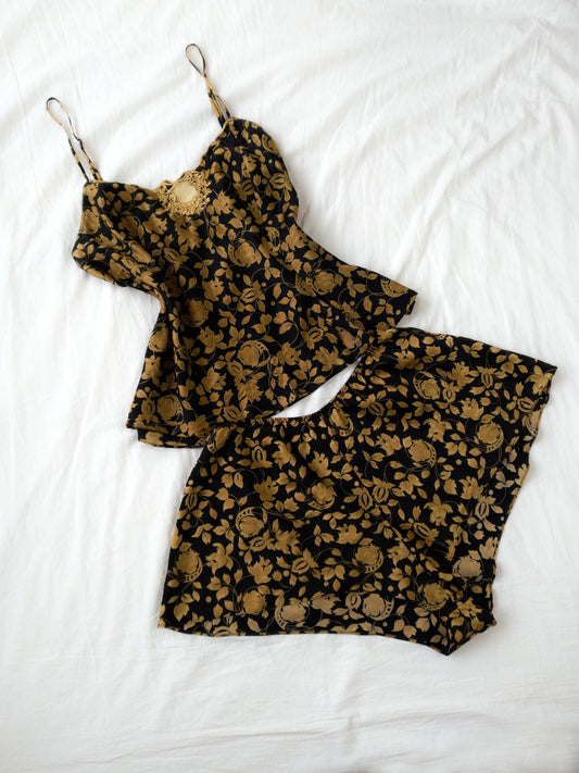 1990s Vintage Victoria's Secret Black & Gold Floral Lounge Set