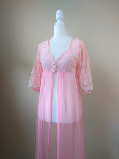 1960s Vintage Sheer Pink Chiffon & Lace Peignoir