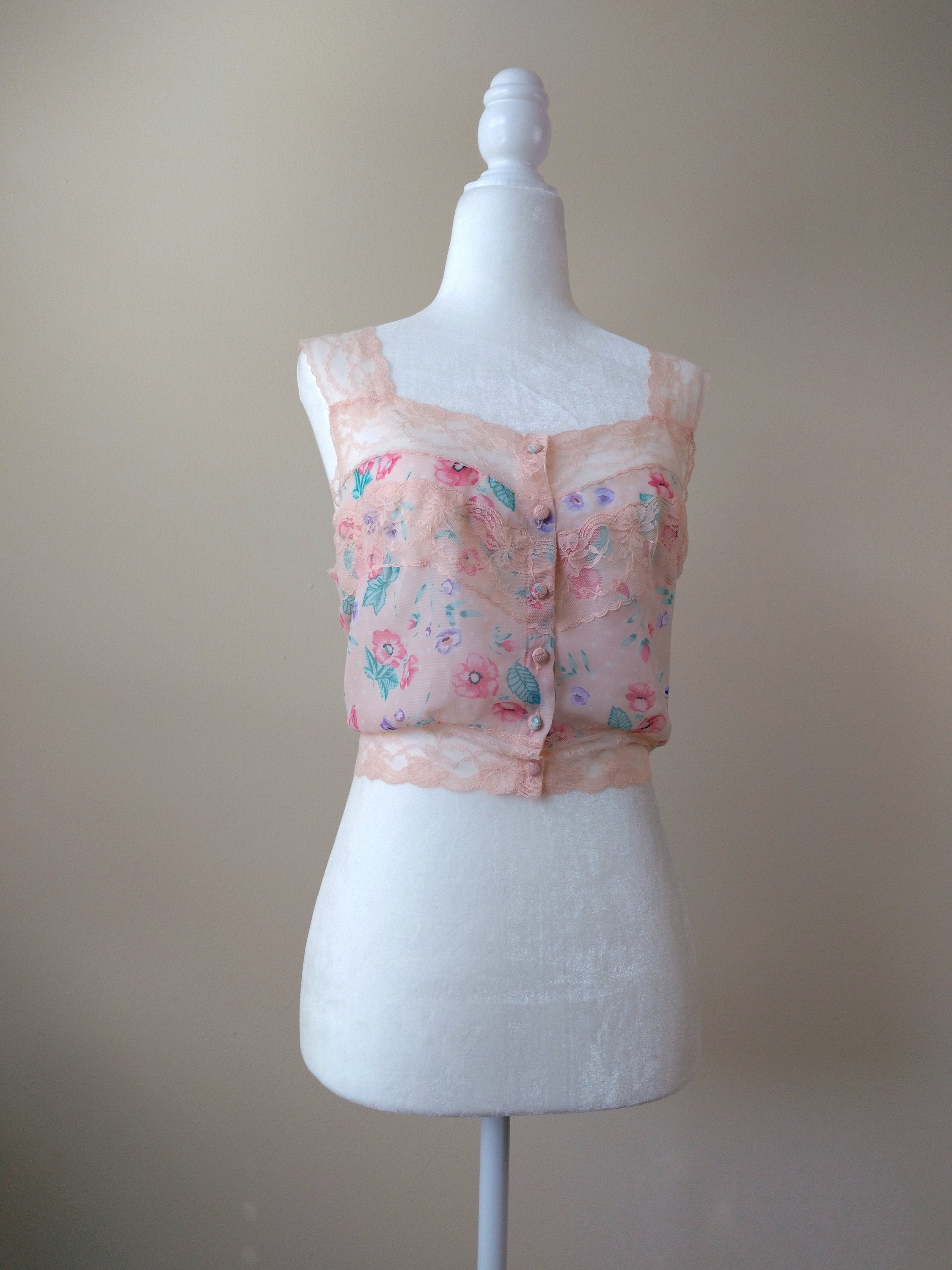 1980s Vintage Victoria's Secret Pastel Pink Sheer Floral Cami