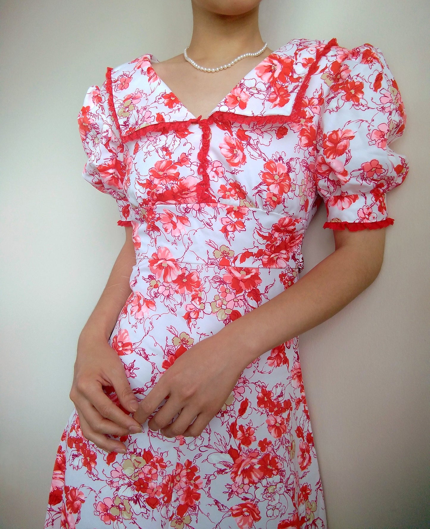 1970s Vintage Handmade Cardinal Red Floral Princess Dress