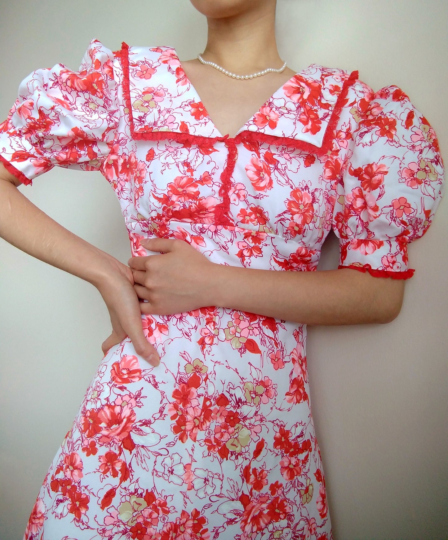 1970s Vintage Handmade Cardinal Red Floral Princess Dress