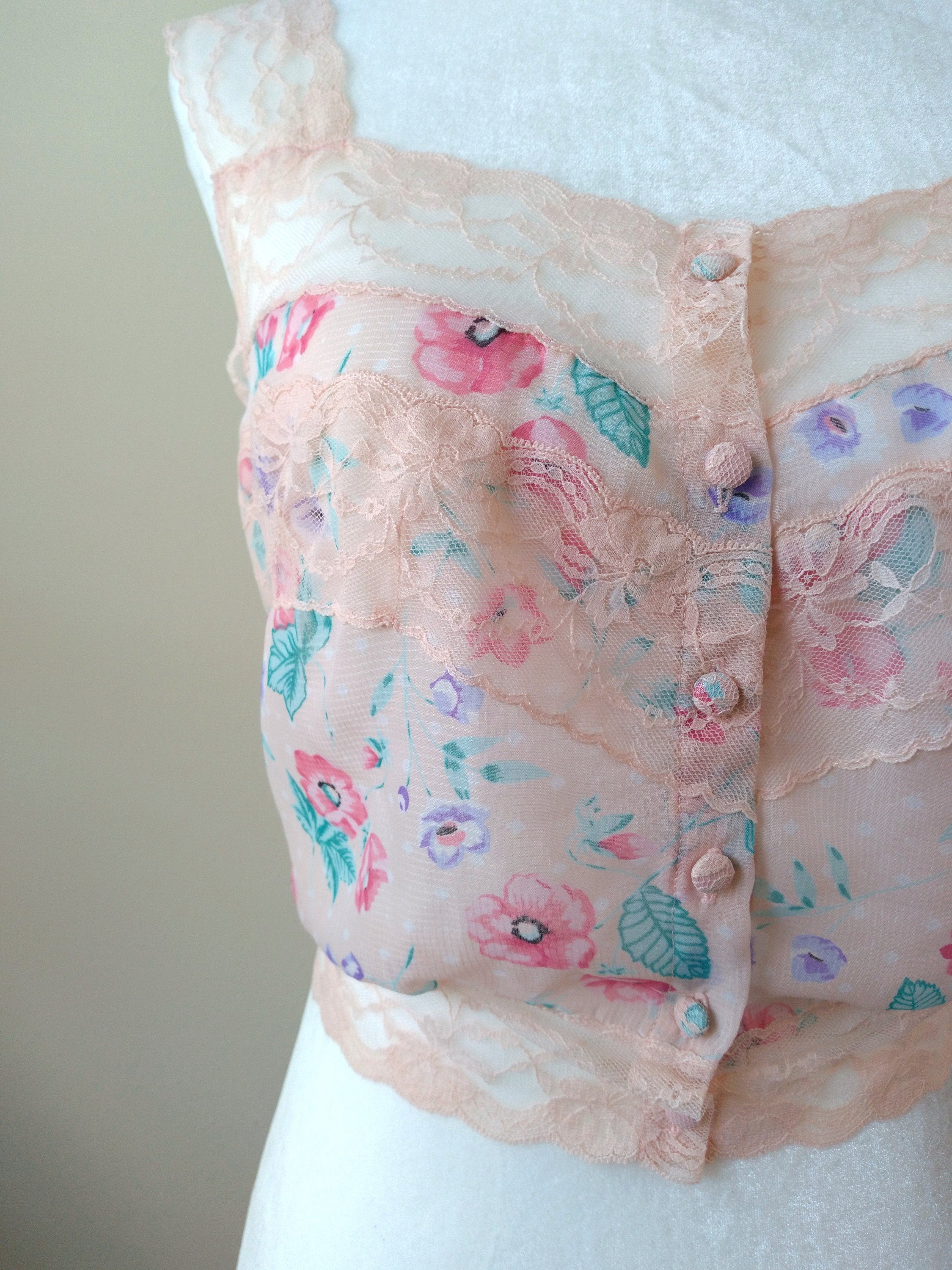 1980s Vintage Victoria's Secret Pastel Pink Sheer Floral Cami