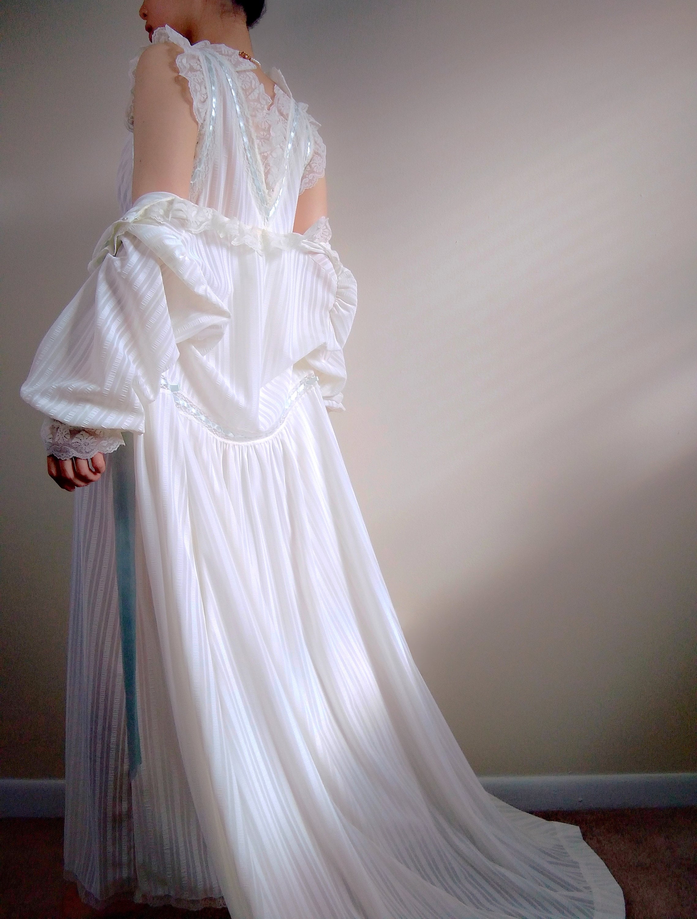 1960s Vintage Chevette White Striped Bridal Nightgown & Peignoir Set