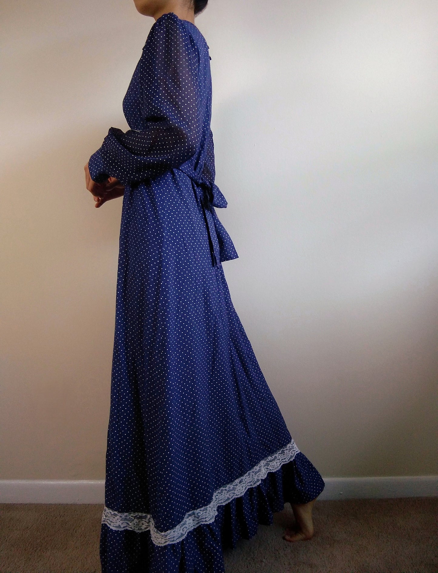 1970s Vintage Polka Dotted Navy Prairie Dress