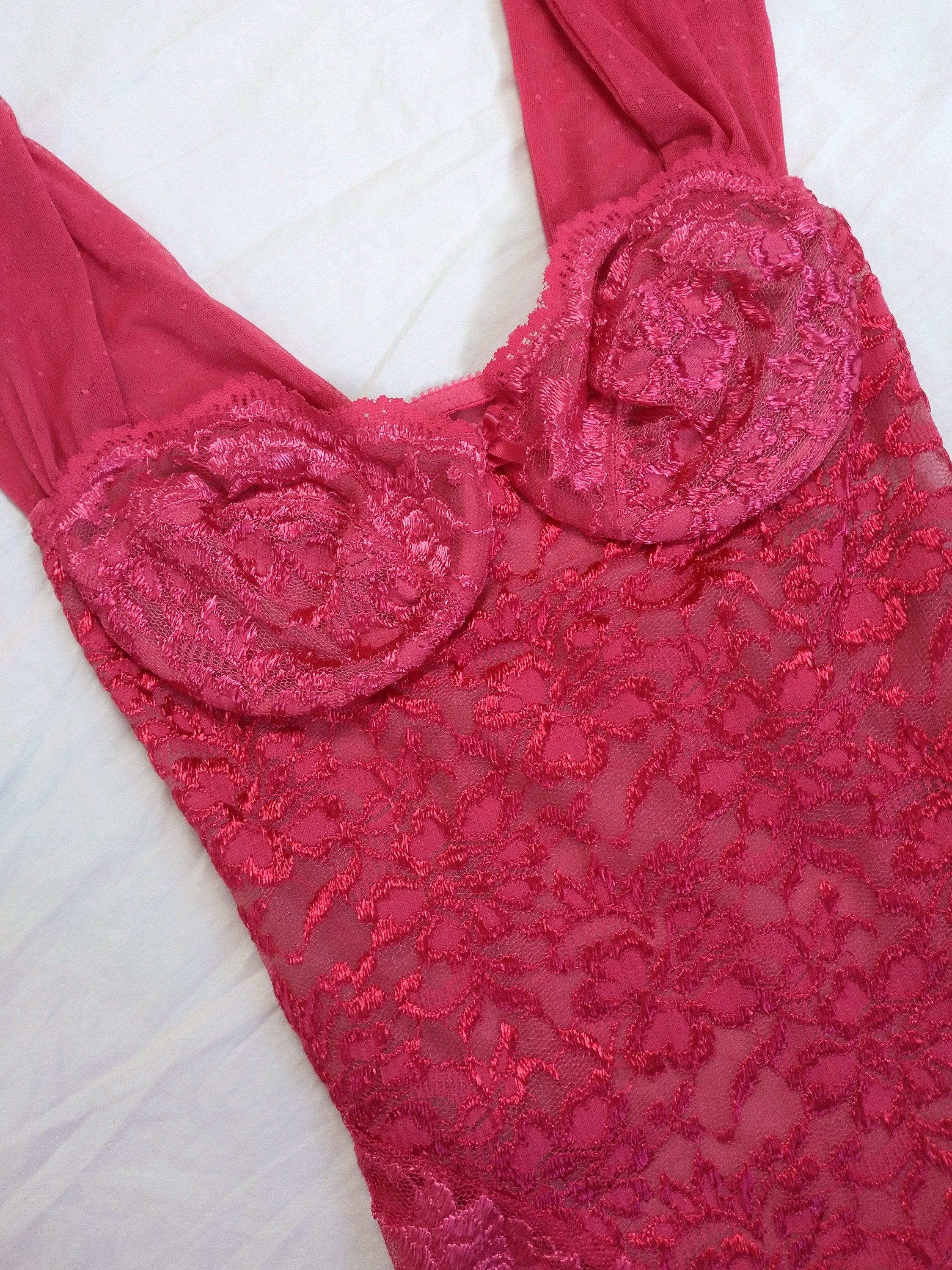 1980s Vintage Vassarette Coral Red Lace Bodysuit