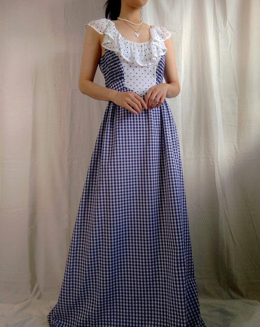 1970s Vintage Jody T of California Blue Gingham Prairie Dress