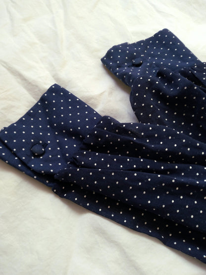 1970s Vintage Polka Dotted Navy Prairie Dress