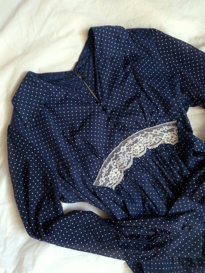 1970s Vintage Polka Dotted Navy Prairie Dress