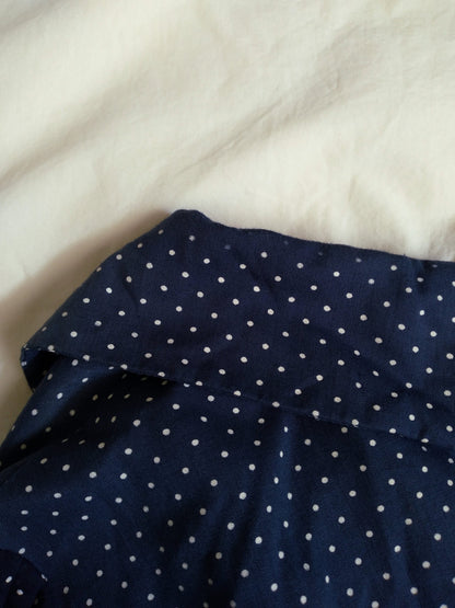 1970s Vintage Polka Dotted Navy Prairie Dress