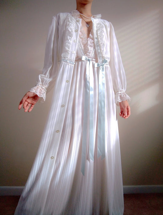 1960s Vintage Chevette White Striped Bridal Nightgown & Peignoir Set