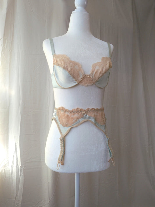 1970s Vintage Christian Dior Aquamarine Silk Bra & Garter Set