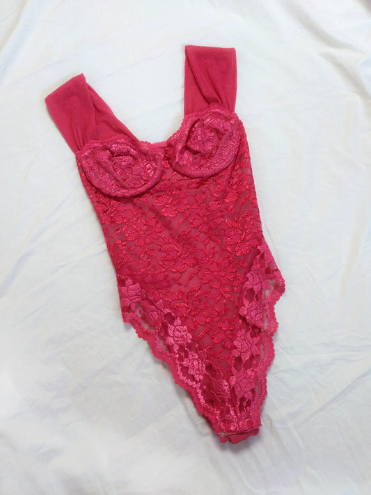 1980s Vintage Vassarette Coral Red Lace Bodysuit