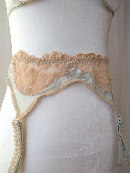 1970s Vintage Christian Dior Aquamarine Silk Bra & Garter Set