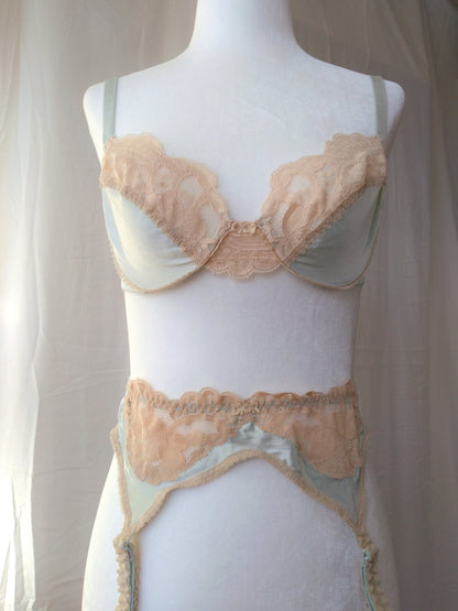 1970s Vintage Christian Dior Aquamarine Silk Bra & Garter Set