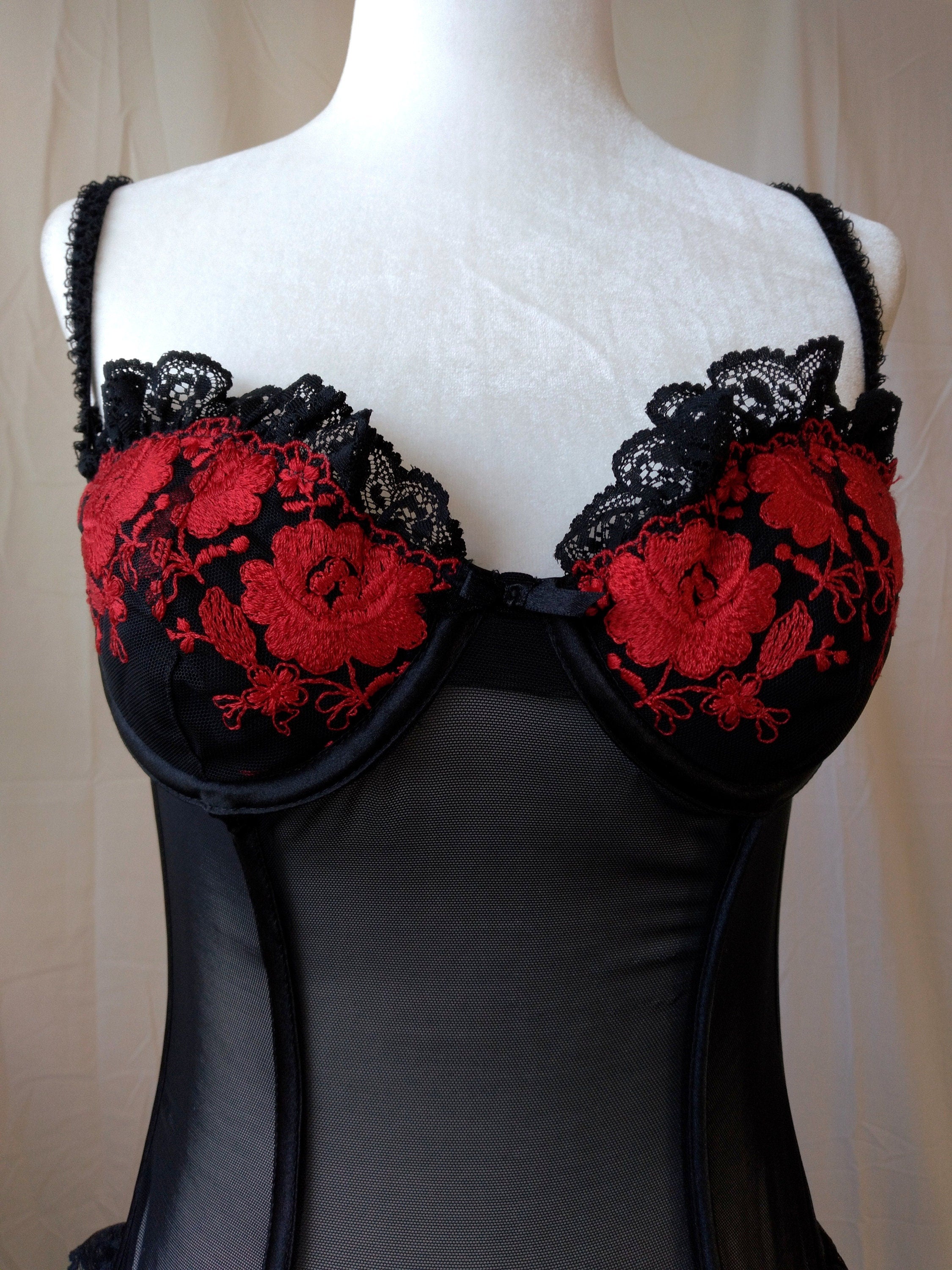 1990s Vintage Victoria's Secret Red Embroidered Mesh Bustier