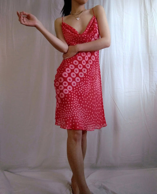 Y2k Vintage Victoria's Secret Coral Polka Dotted Cowl Neck Silk Slip Dress