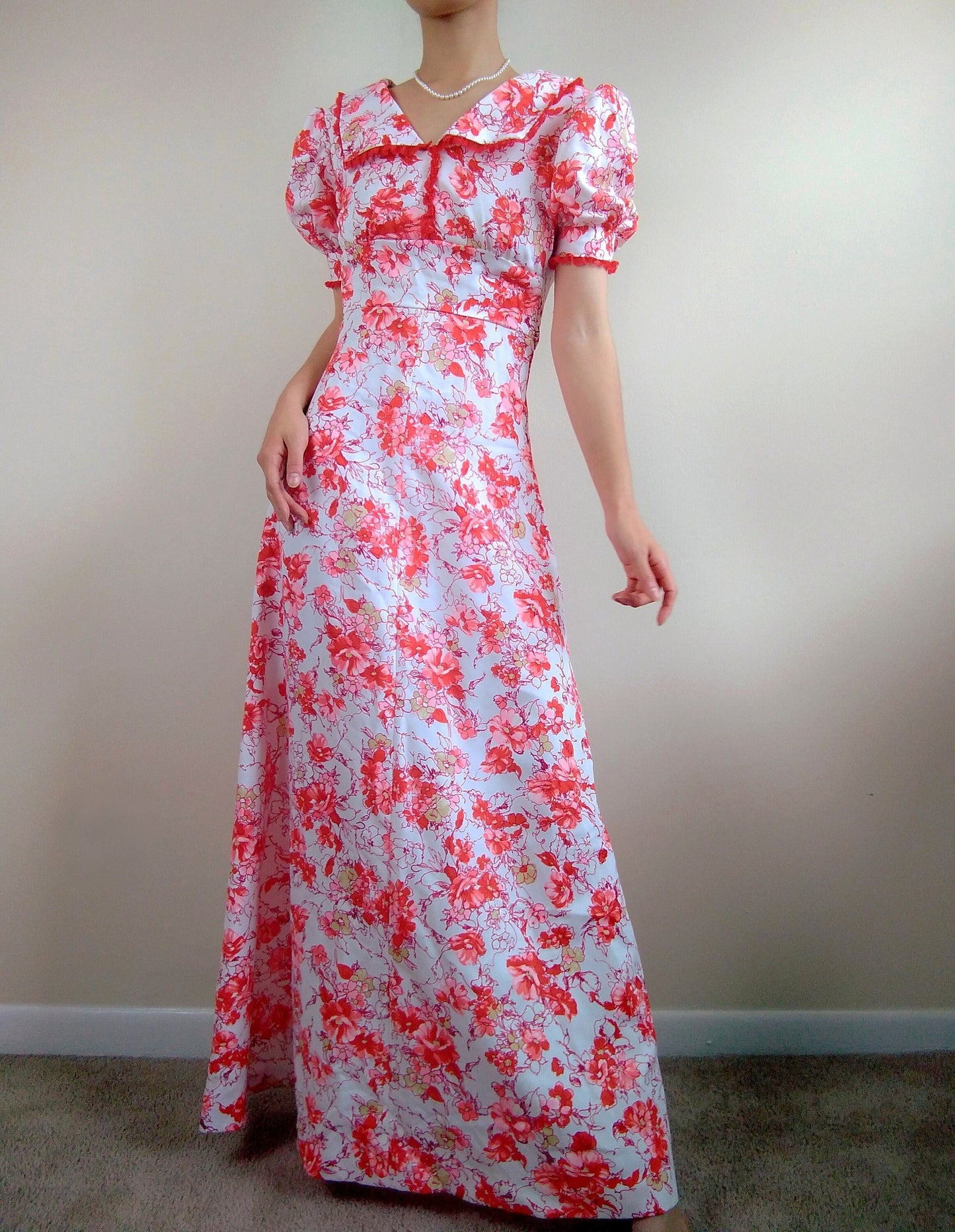 1970s Vintage Handmade Cardinal Red Floral Princess Dress