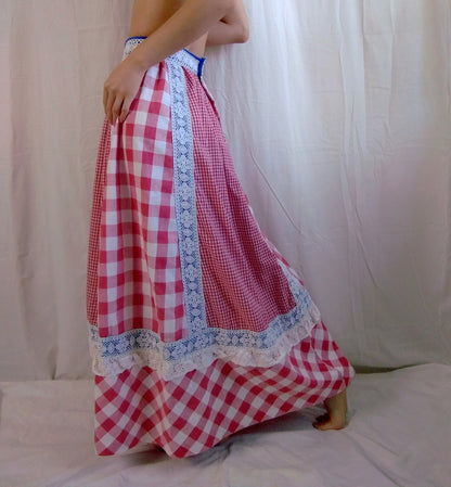 1960s Vintage Handmade Picnic Red Gingham Prairie Skirt