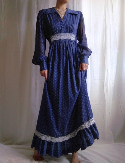 1970s Vintage Polka Dotted Navy Prairie Dress