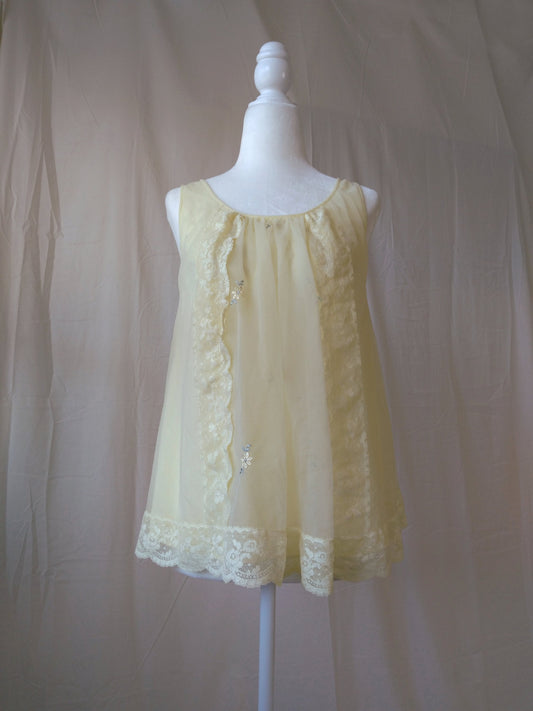 1950s Vintage Shadowline Pastel Yellow Floral Embroidered Babydoll