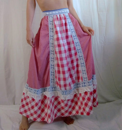 1960s Vintage Handmade Picnic Red Gingham Prairie Skirt