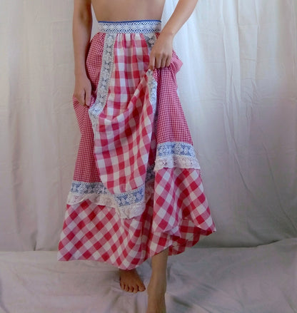 1960s Vintage Handmade Picnic Red Gingham Prairie Skirt