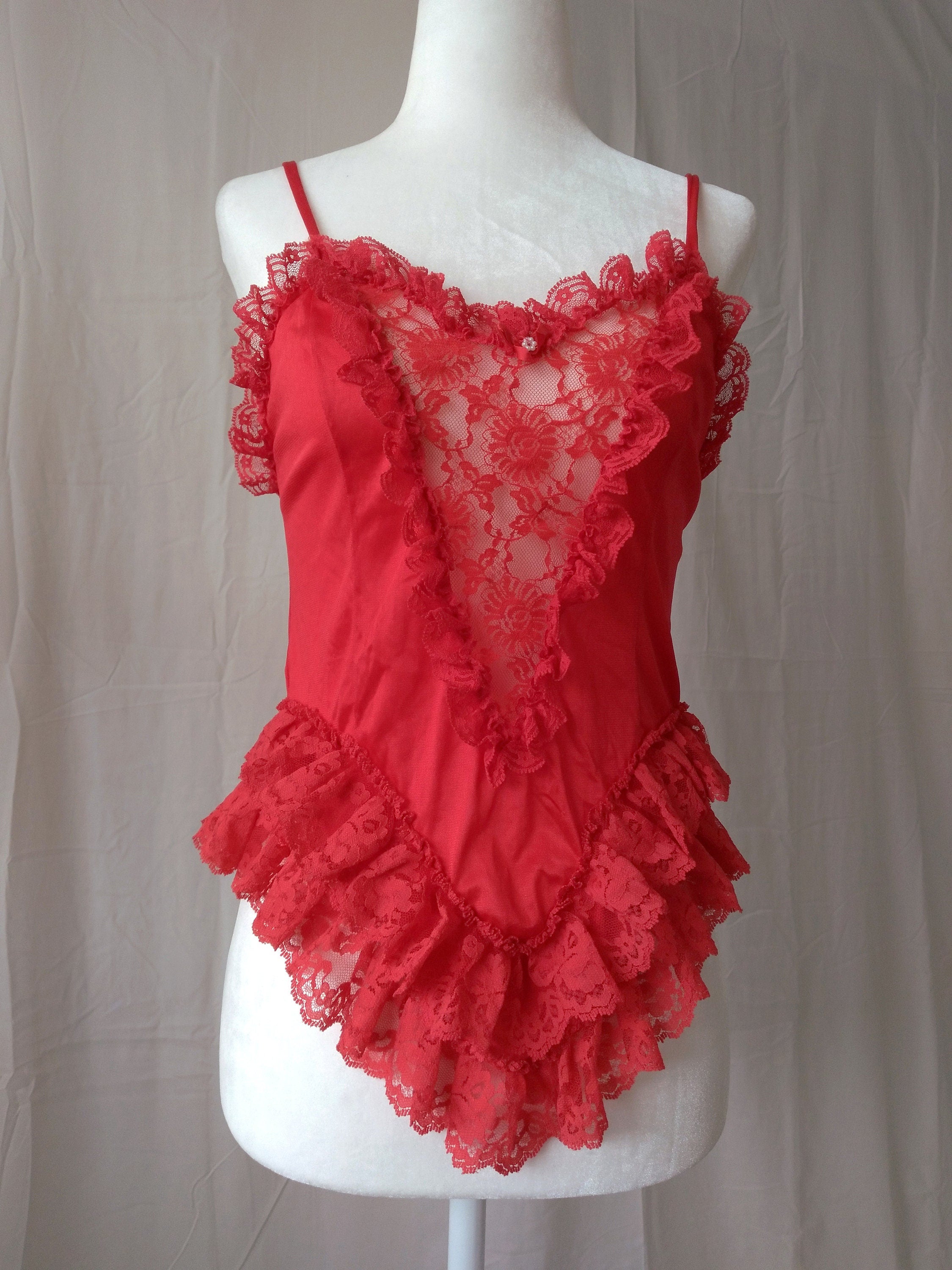 1990s Vintage Frederick's of Hollywood Bright Red Lace Cami