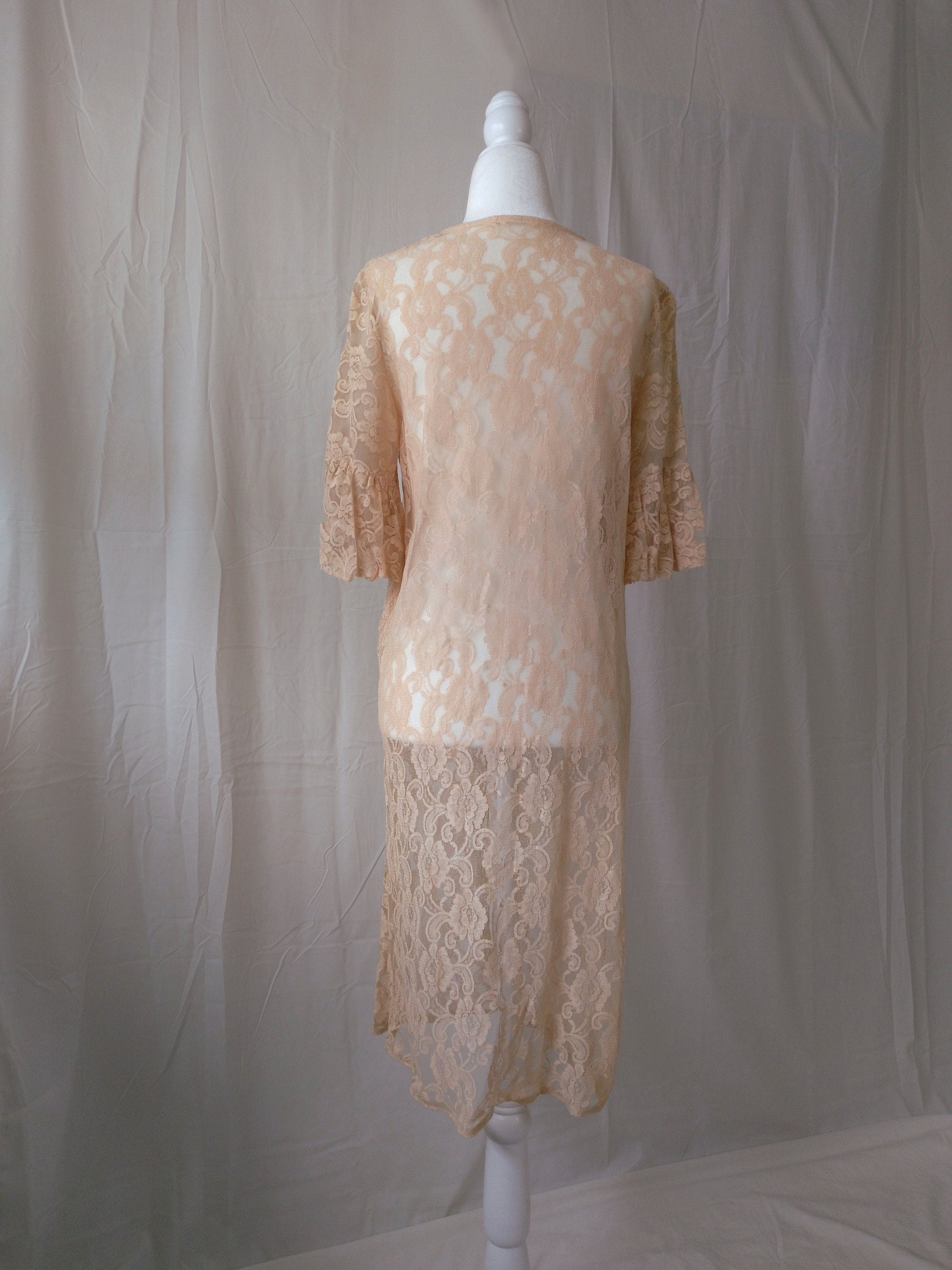 1950s Vintage Beige Lace And Bow Peignoir
