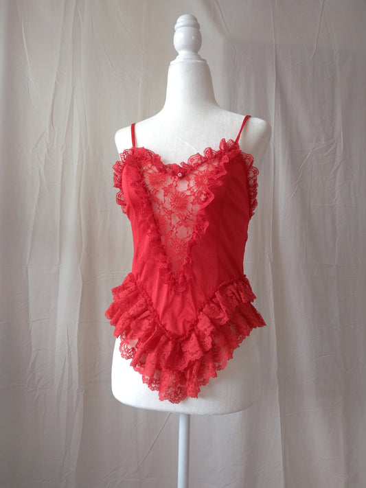 1990s Vintage Frederick's of Hollywood Bright Red Lace Cami