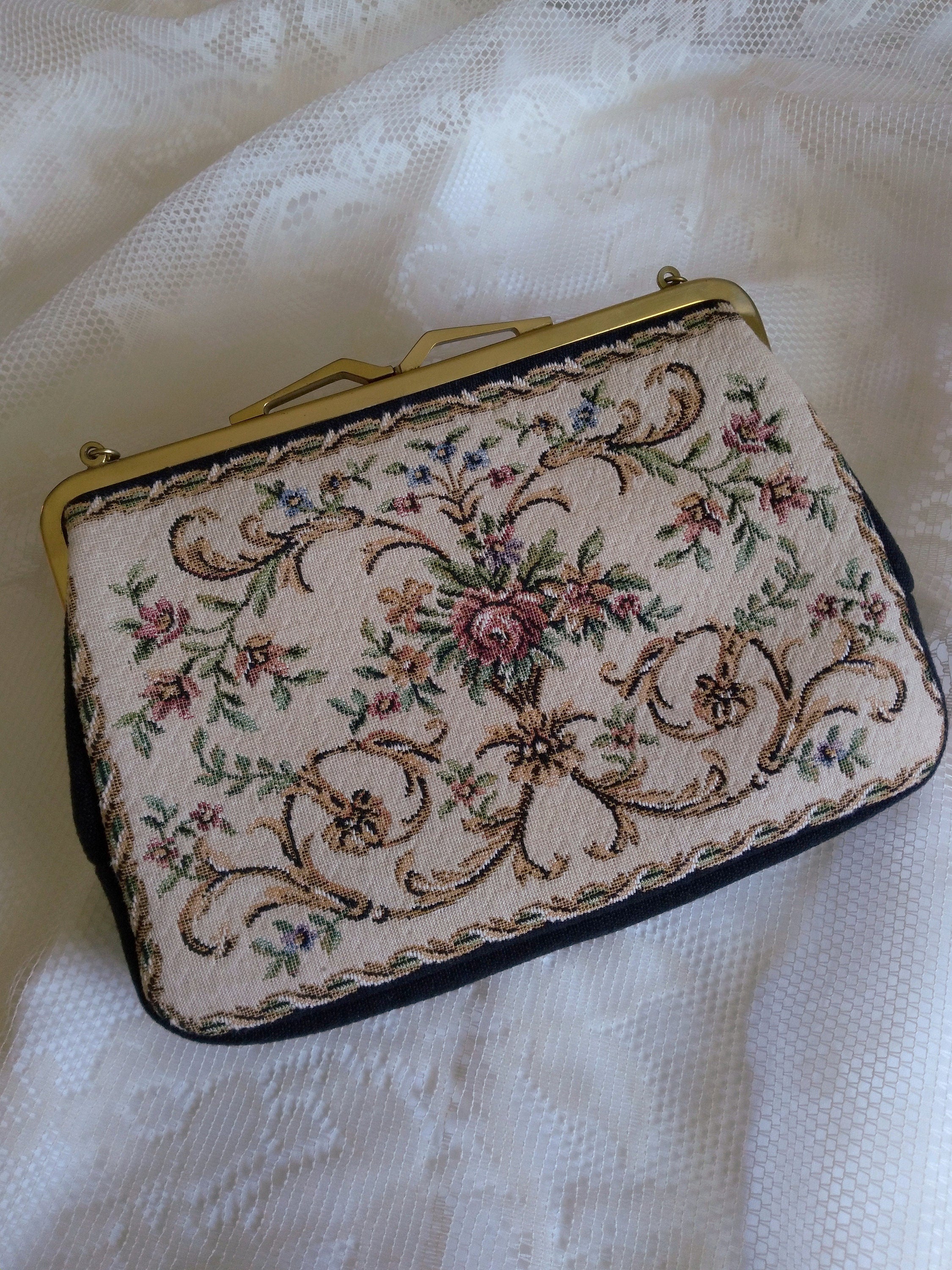 1950s Vintage Western Germany Floral Tapestry Cotton Evening Purse