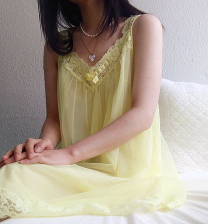 1950s Vintage Vanity Fair Glowing Yellow Chiffon Nightgown